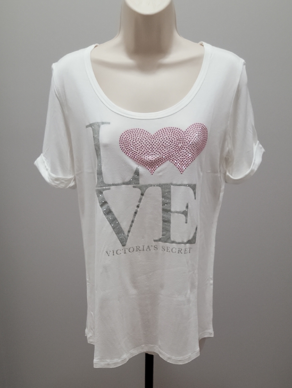 Victoria's Secret Oversized White Tee/Pink Heart and Silver LOVE Graphic Sz XS